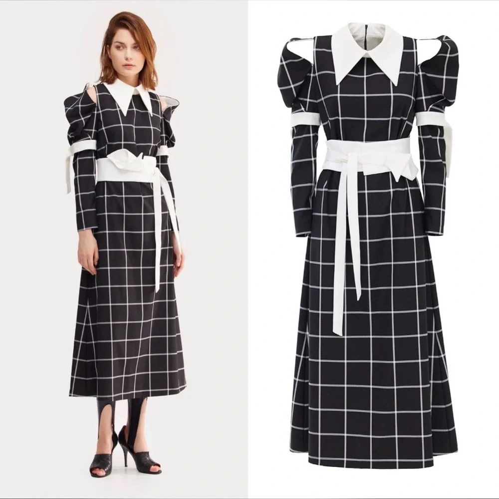 Black Windowpane Long Sleeve Midi Dress with Contrast Collar and Waist Tie - Picture 1 of 1
